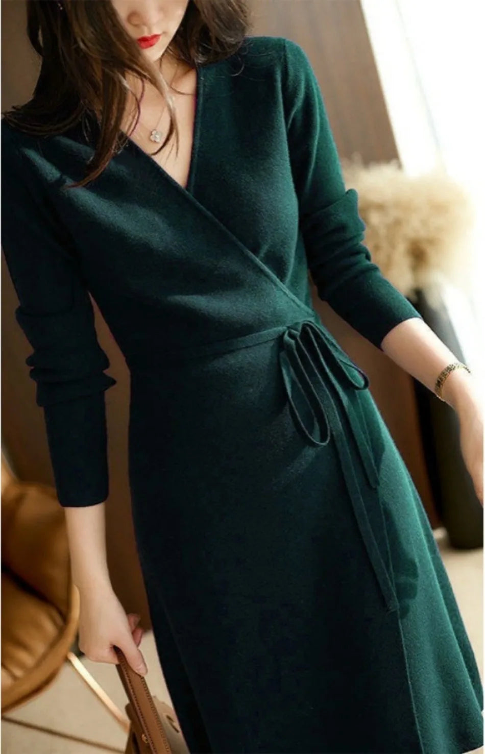 V-Neck Wrap-Up Knitted Dress for Women