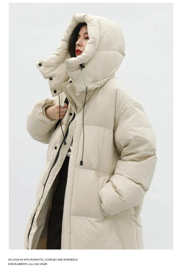 Women's Korean loose hooded long winter coat, thick and warm, beige color.