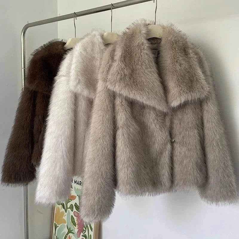 Luxury gradient faux fur coats with large collars, high street fashion.