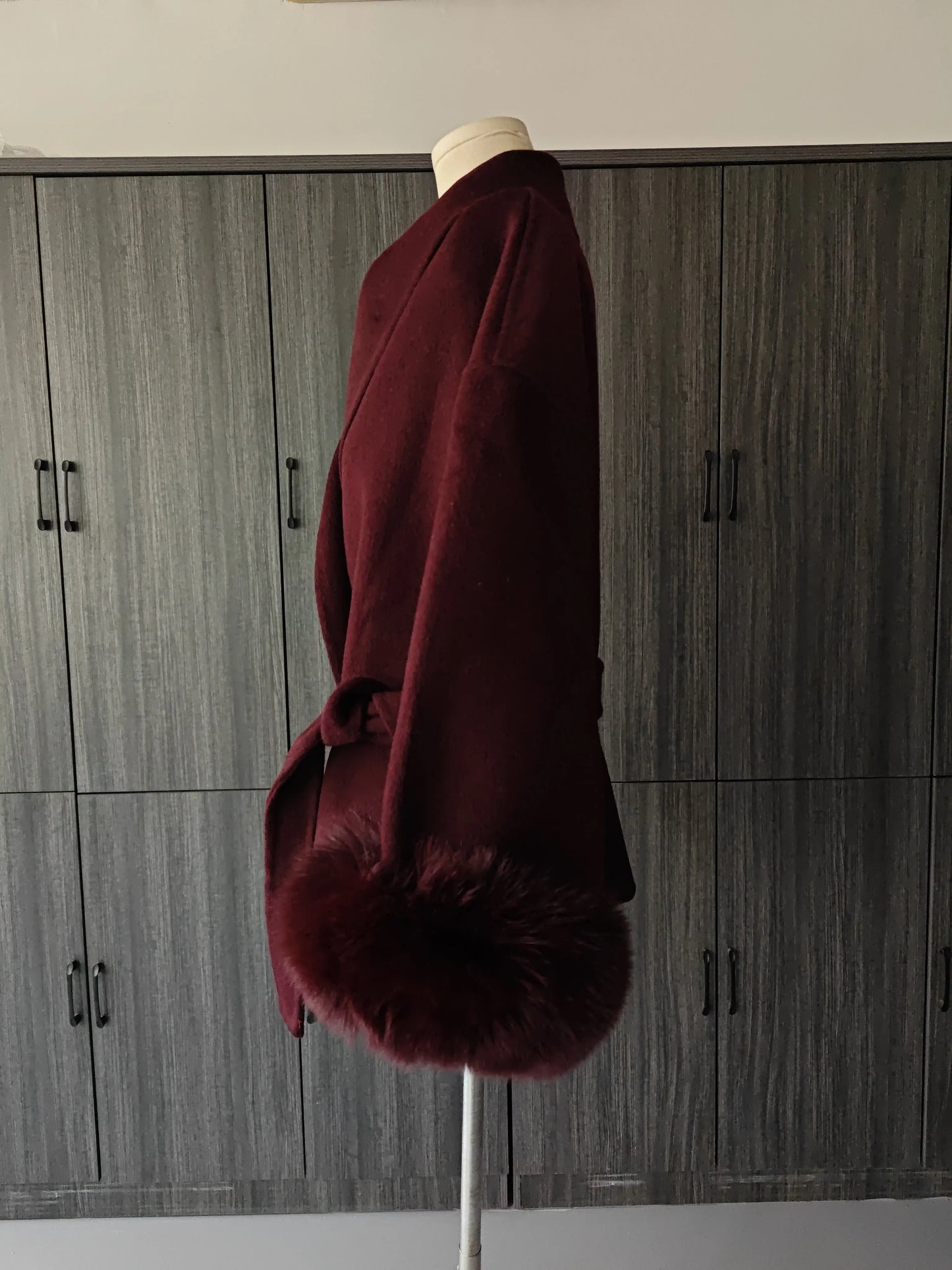 ZMEENNA Wine Red Fur Cuff Belted Woolen Coat for Women