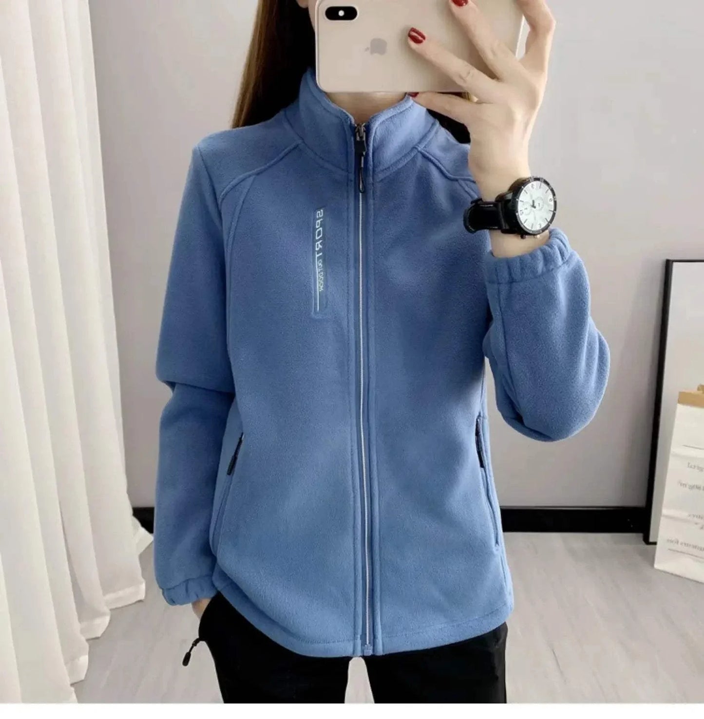 Plus size blue fleece coat for women, perfect for winter and spring outdoor activities.