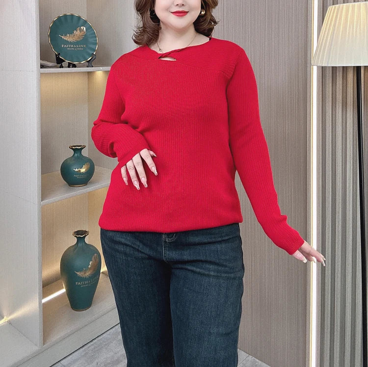 Plus Size Hollow Neck Sweater - Autumn Winter Knitwear