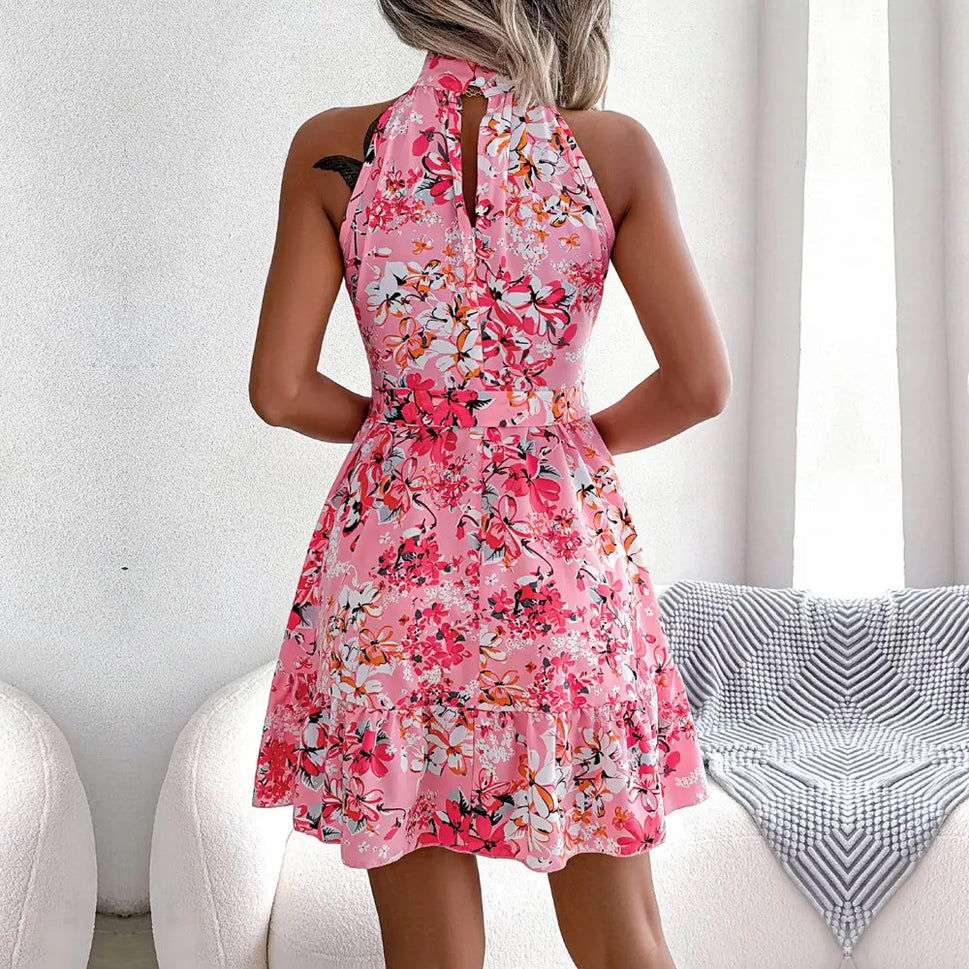 Floral Halter Neck Ruffled A-Line Dress