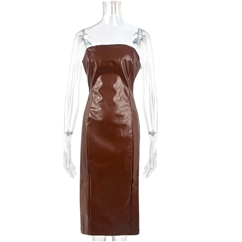 Slim Fit PU Leather Mid-Length Dress