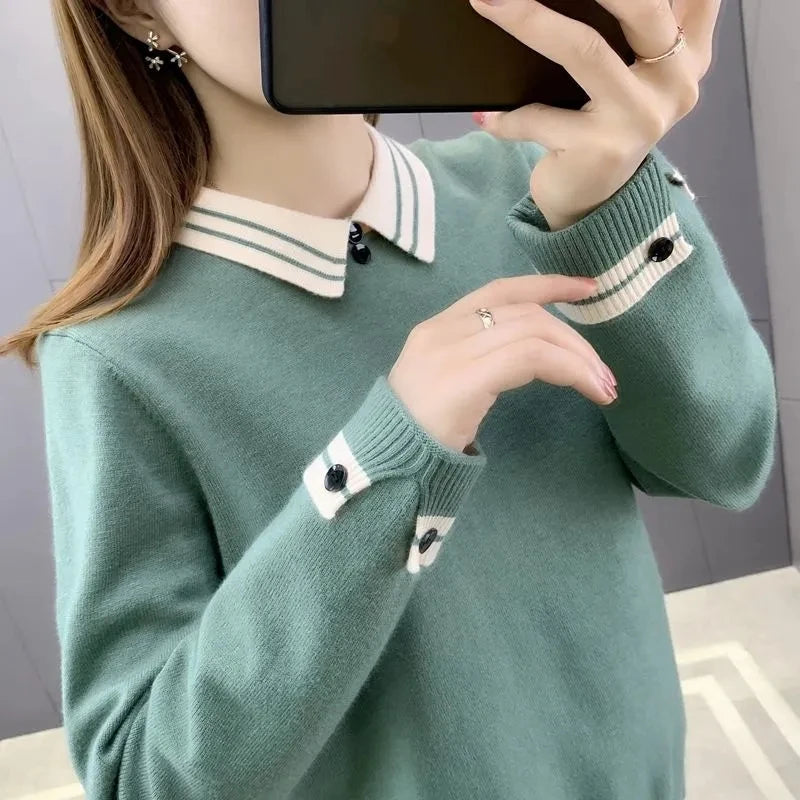 New Autumn Winter Contrast Color Doll Collar Sweater for Women