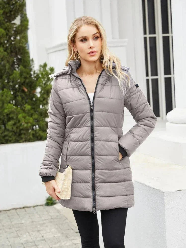 Women's waterproof detachable hat zipper parka, long sleeve, loose fit, autumn winter coat.