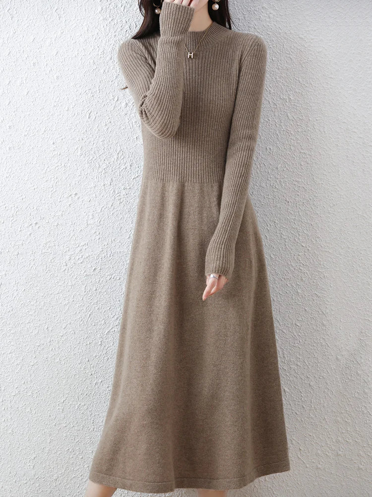 Autumn Winter Women's Wool Mock Neck Dress