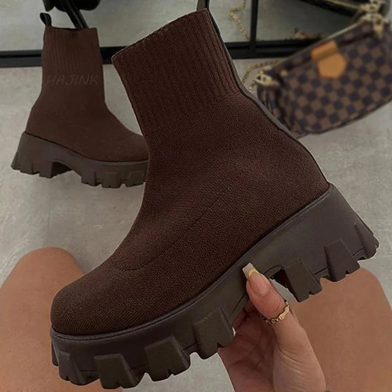 Stylish Short Knitting Platform Ankle Boots for Women