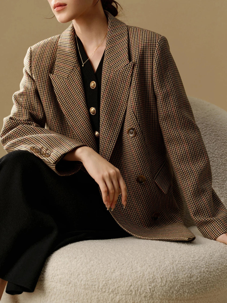 Retro Brown Wool-Blend Blazer for Women