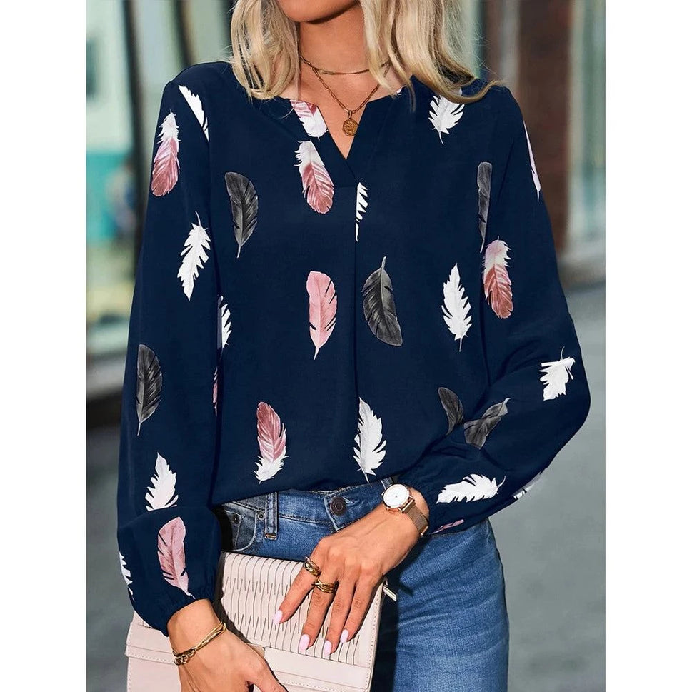 Elegant Feather Pattern Chiffon Blouse for Women