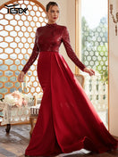 Switch Elegant A-line sequin prom dress with long sleeves and draped detailing in red. 1 image