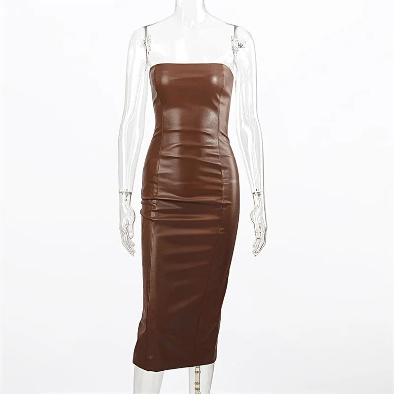 Slim Fit PU Leather Mid-Length Dress