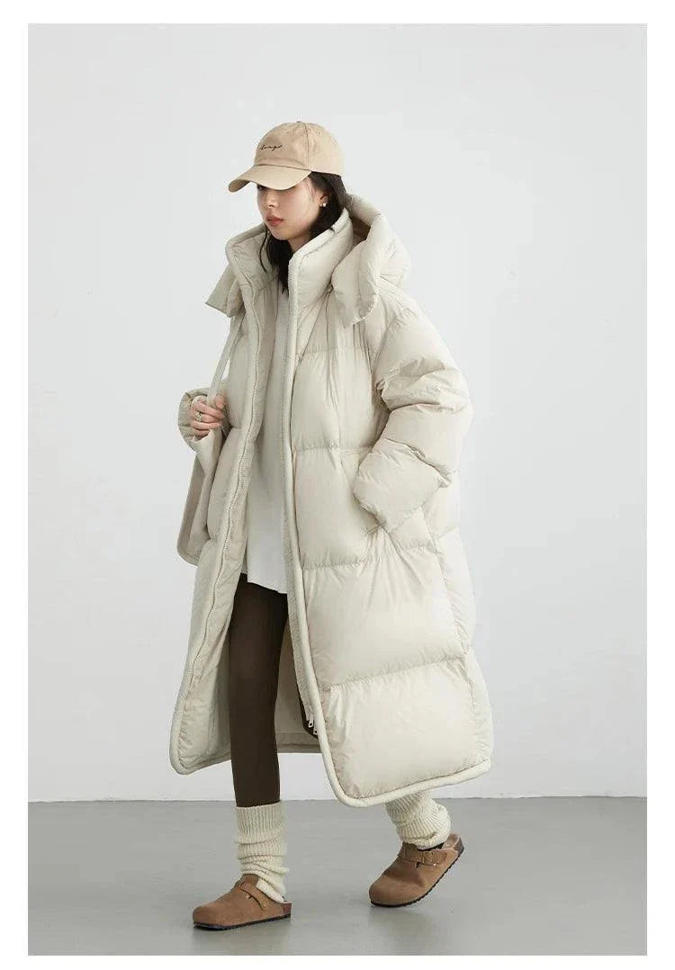 Women's Long Down Coat with detachable hood, thick soft winter overcoat, solid color, autumn/winter 2023.