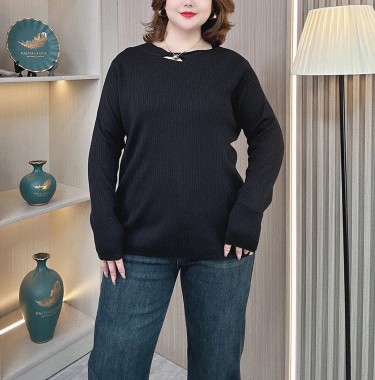 Plus Size Hollow Neck Sweater - Autumn Winter Knitwear