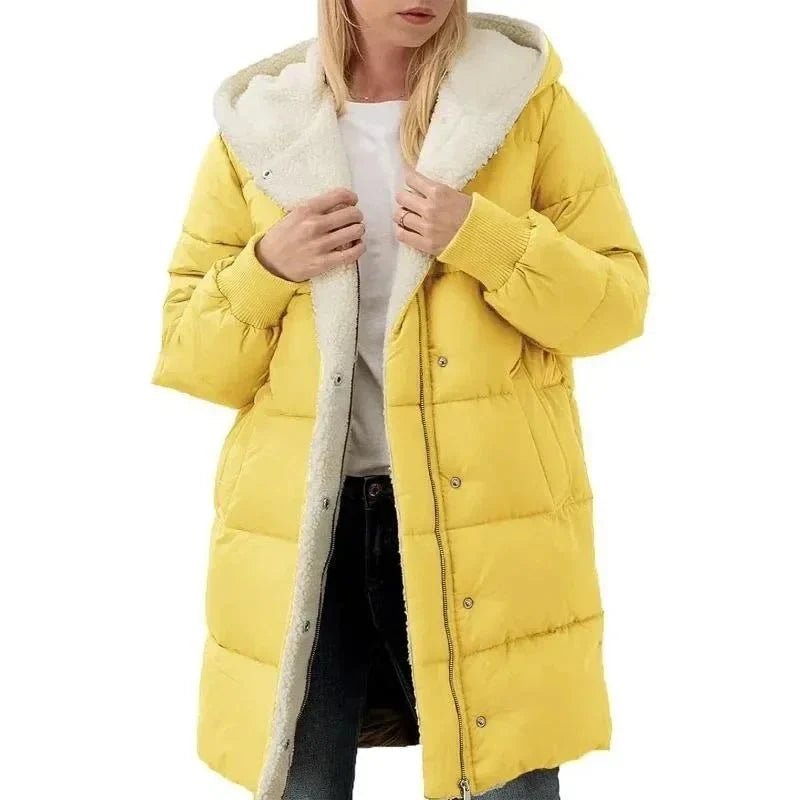 Women's double-sided velvet fleece parka, yellow, hooded, slim-fit, cotton-padded winter coat.