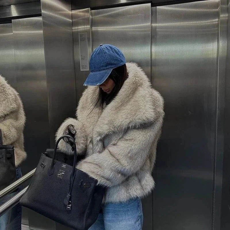 Fashion luxury gradient faux fur coat with plush collar, high street style, female overcoat in elevator reflection.