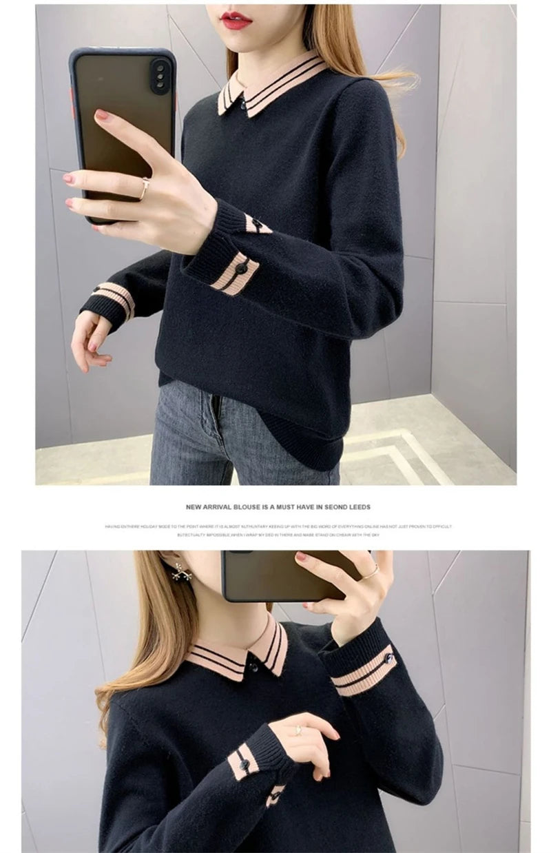 New Autumn Winter Contrast Color Doll Collar Sweater for Women