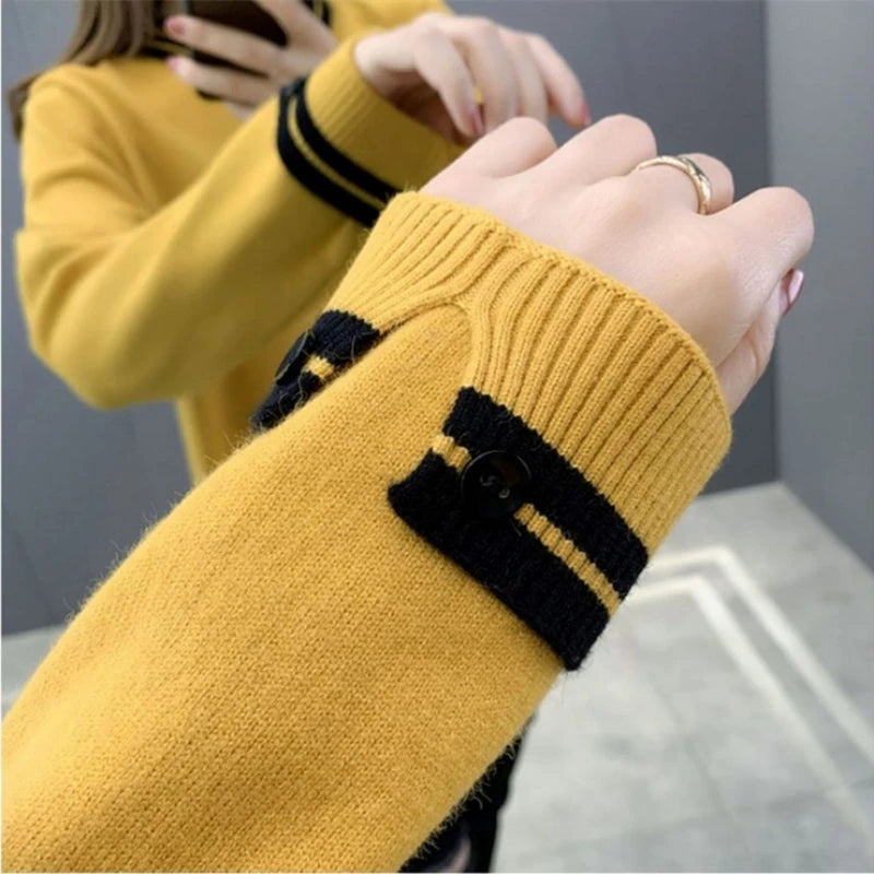 New Autumn Winter Contrast Color Doll Collar Sweater for Women