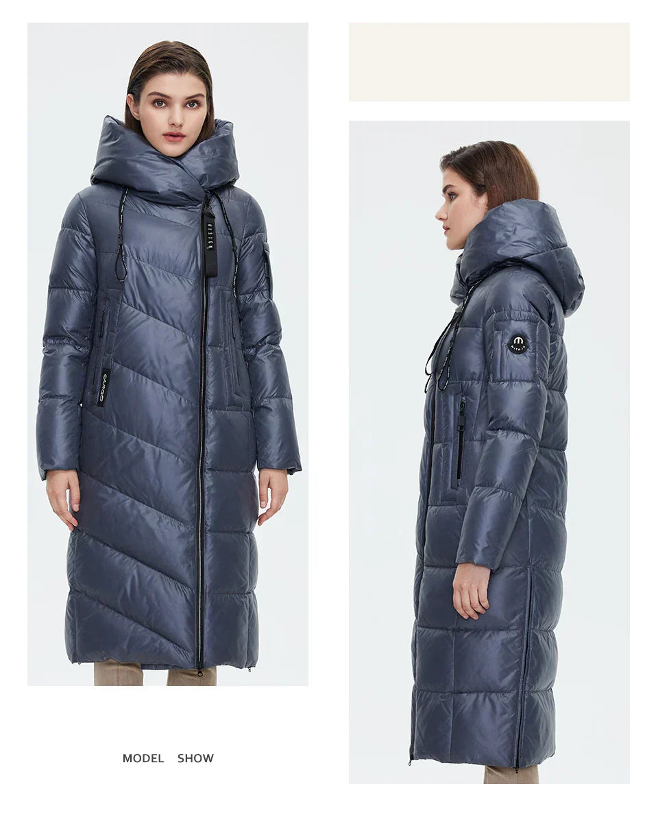 Women's long winter jacket, blue, slim fit, windproof, hooded, quilted design.