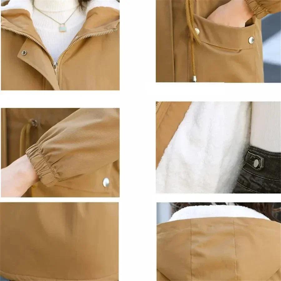 Close-up details of women's winter hooded fleece-lined parka, showcasing material, pockets, and lining.