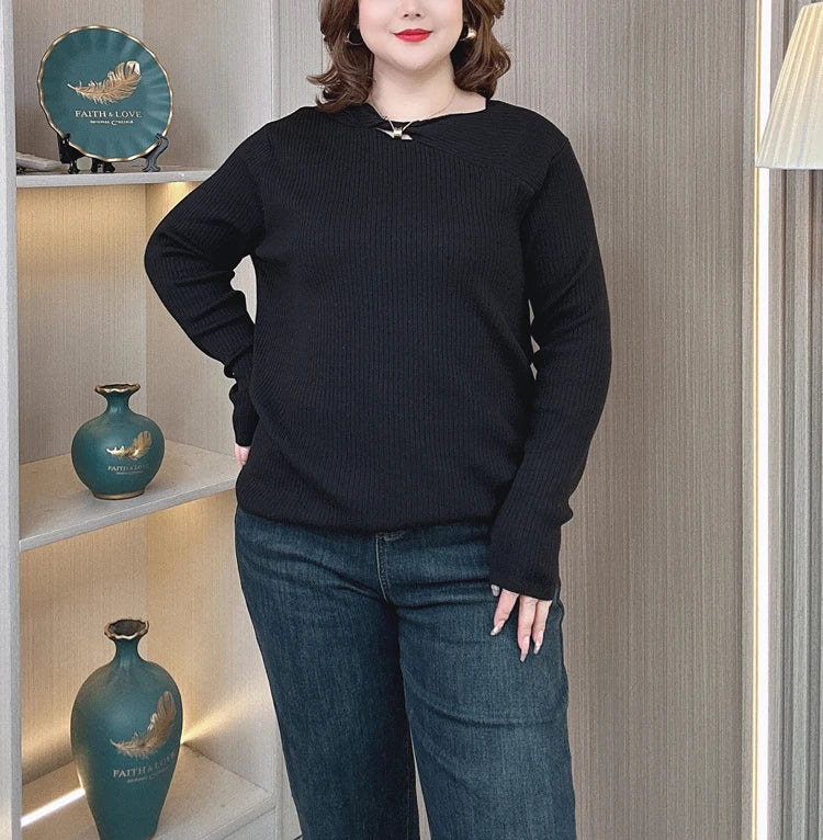 Plus Size Hollow Neck Sweater - Autumn Winter Knitwear