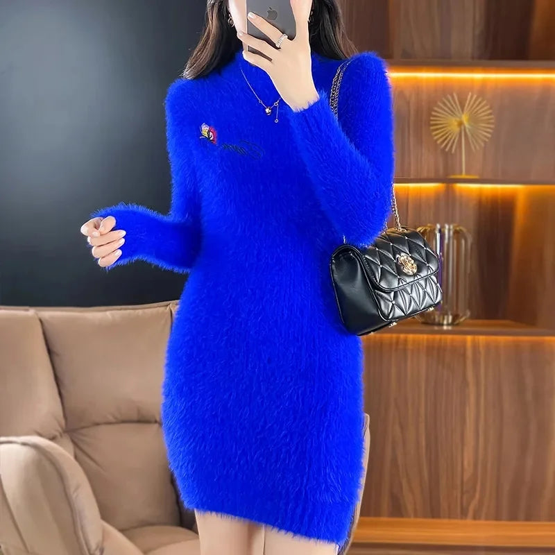 Autumn Winter Imitation Mink Fleece Sweater Dress