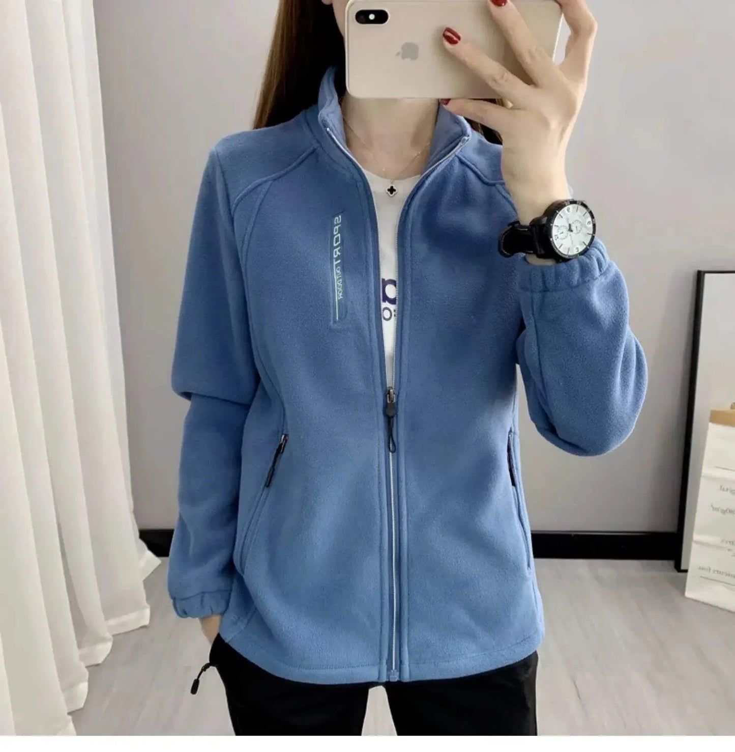 Plus size women's fleece coat, blue, full-zip cardigan jacket for winter and spring, casual fit.