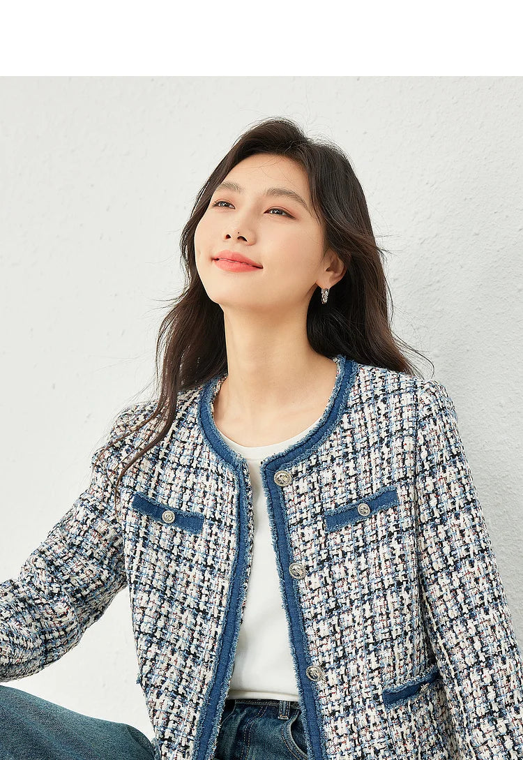 Vimly Plaid Tweed Cropped Jacket for Women