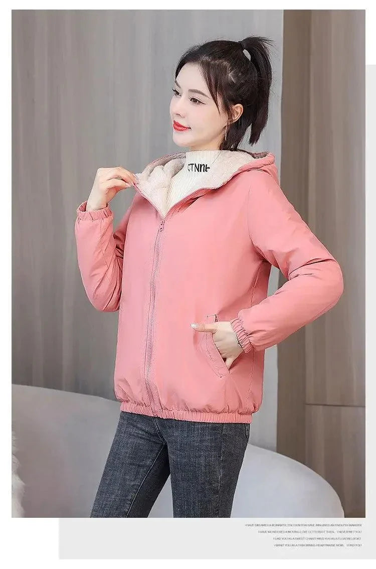 Women's winter fleece hooded jacket, pink solid color, plush lining, windproof casual wear.