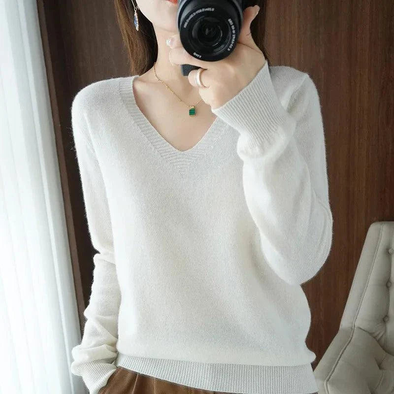 Cashmere V-neck pullover women's sweater with lace detailing, long sleeves, perfect for casual elegance.