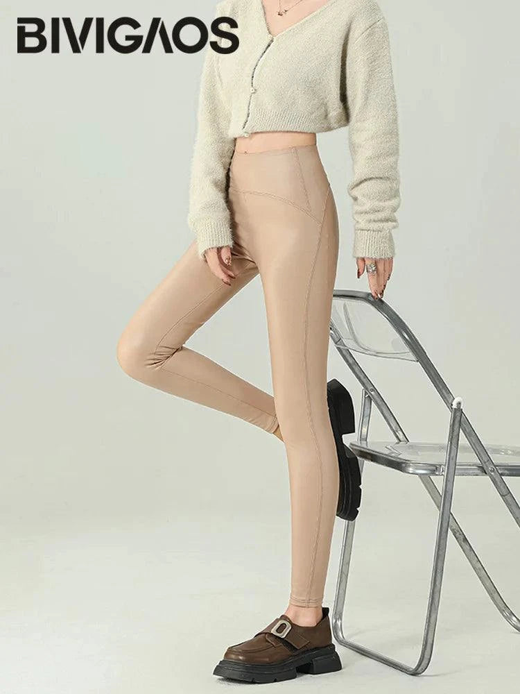 Fall Winter High-Grade Fleece PU Leather Leggings