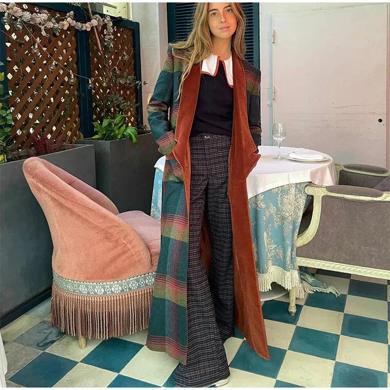 Fashion colorful plaid woolen overcoat for women with patchwork design and turn-down collar, providing warmth and style.