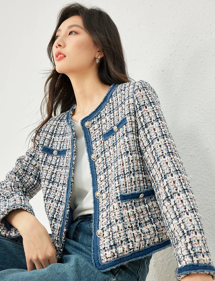 Vimly Plaid Tweed Cropped Jacket for Women