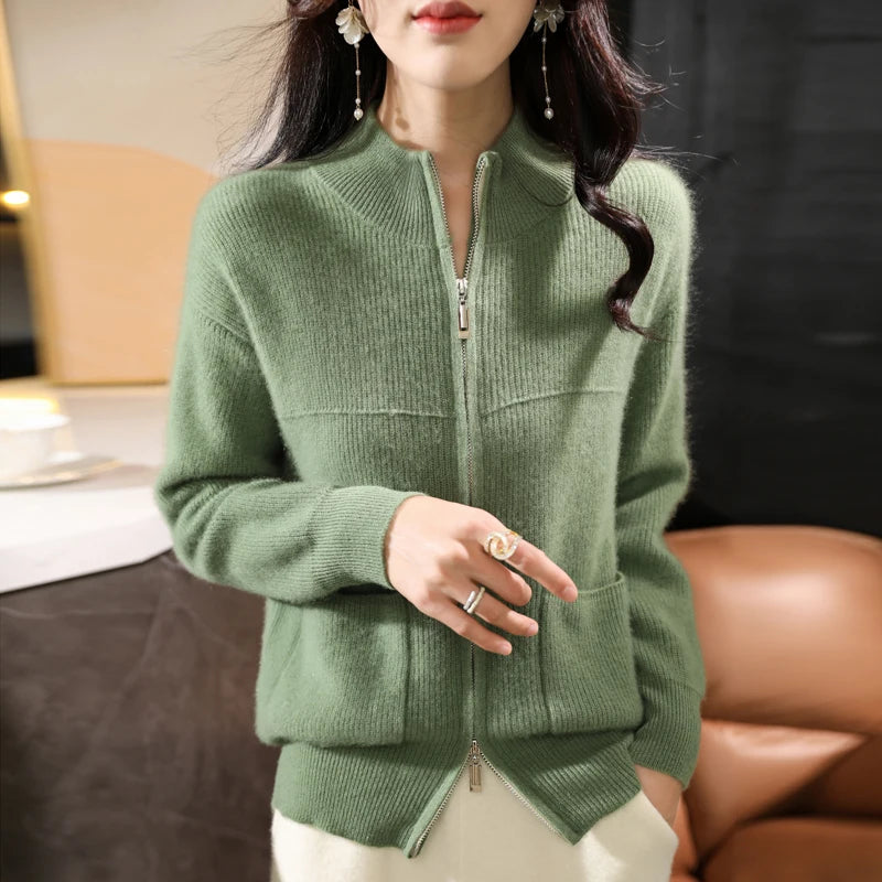 Merino Wool Half-High Collar Cardigan for Women