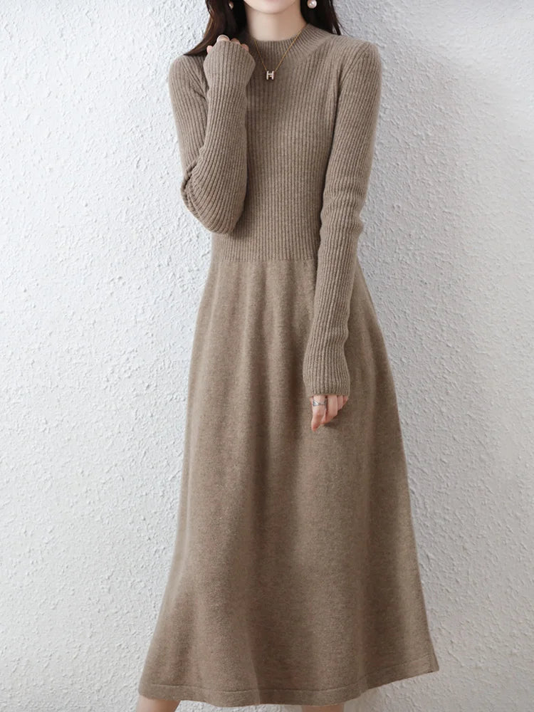 Autumn Winter Women's Wool Mock Neck Dress