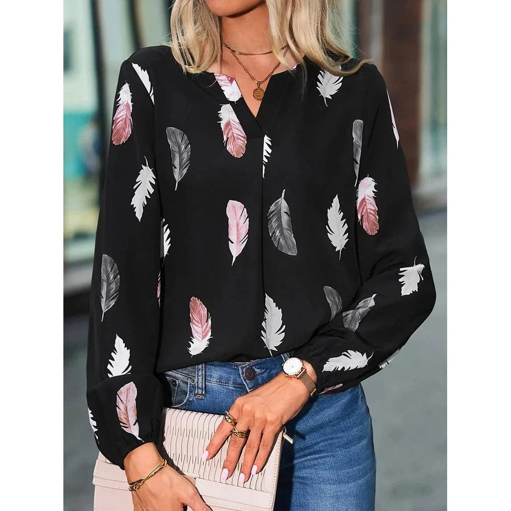 Elegant Feather Pattern Chiffon Blouse for Women