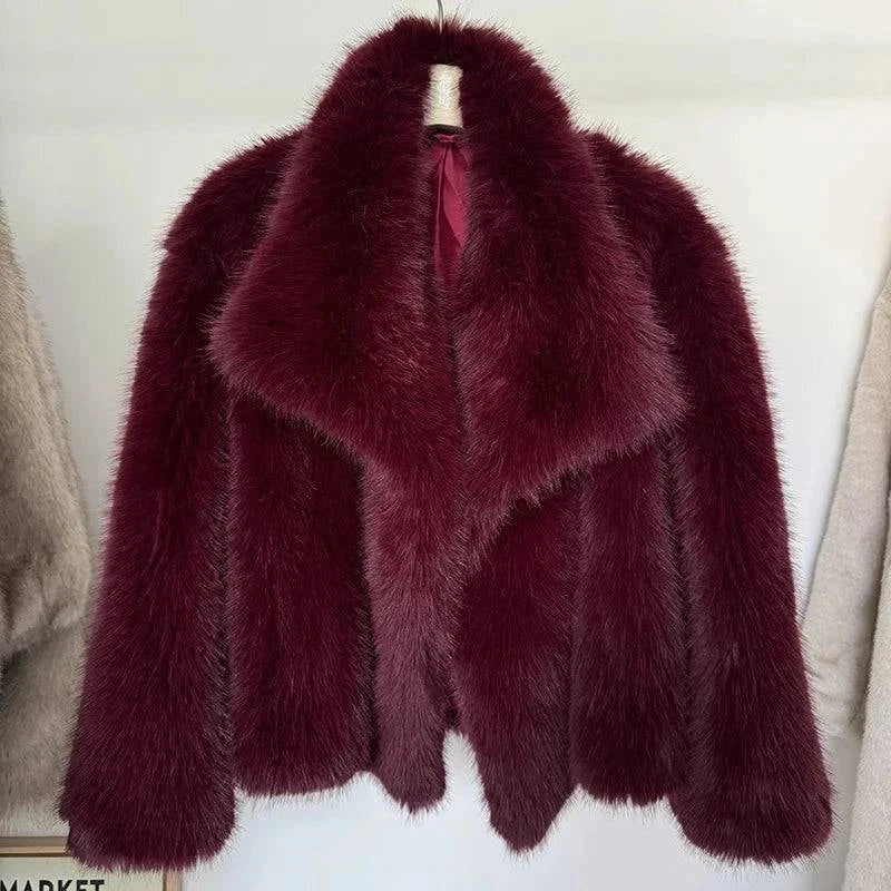 Luxury gradient faux fur coat with plush turn-down collar, rich deep tones, and oversized fit for women.