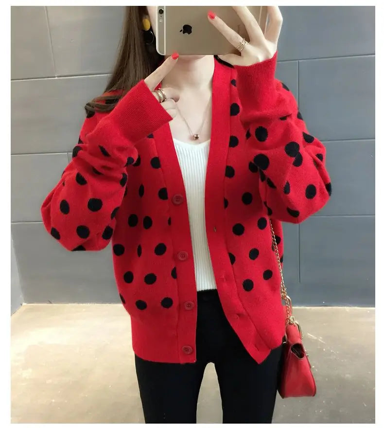 Women’s Autumn Winter Polka Dot V-neck Knitting Cardigan | Alfadarling