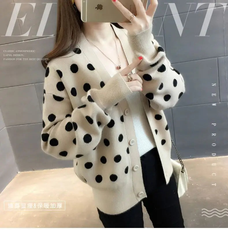 Women’s Autumn Winter Polka Dot V-neck Knitting Cardigan | Alfadarling