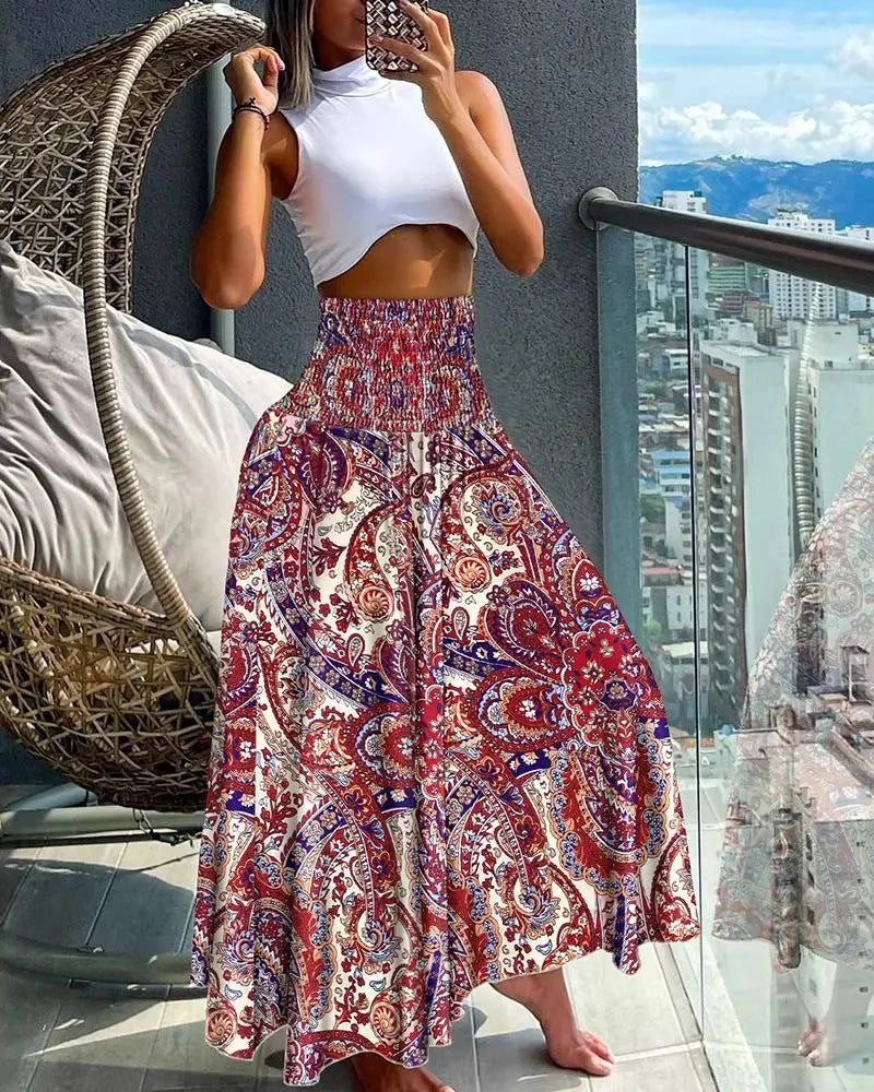 Boho Print Elastic High-Waist Skirt