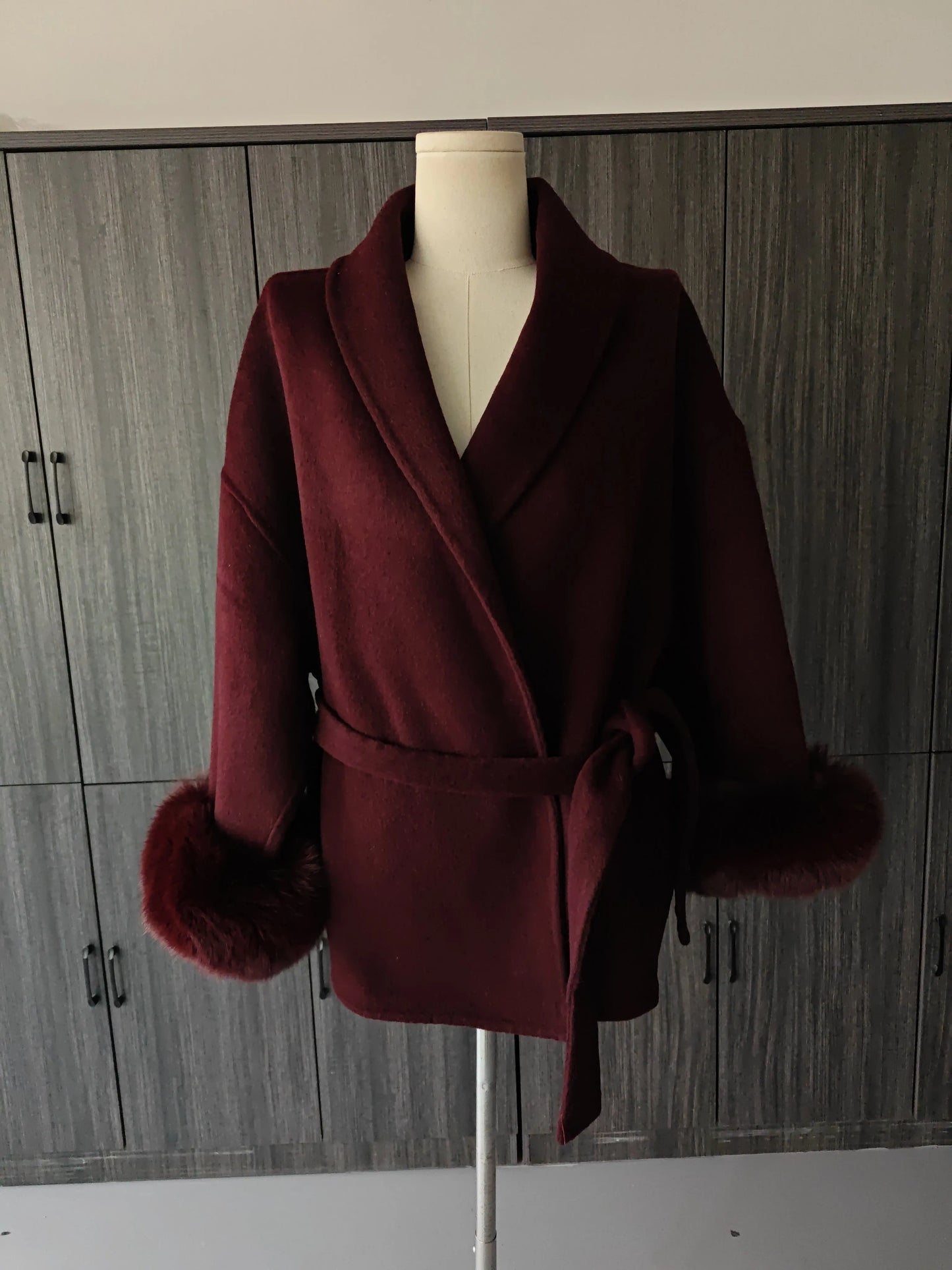 ZMEENNA Wine Red Fur Cuff Belted Woolen Coat for Women