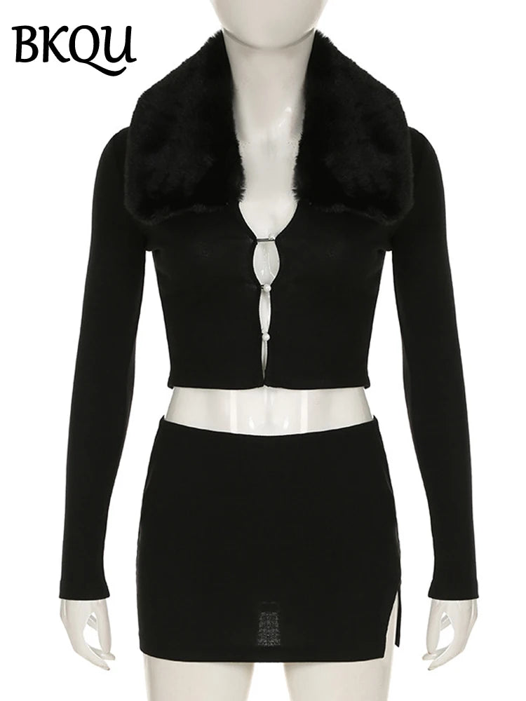 Sexy Fur Collar Crop Top & Mini Skirt Set - Autumn Elegance