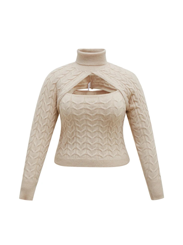 ONELINK Beige Turtleneck Hollow Out Plus Size Sweater