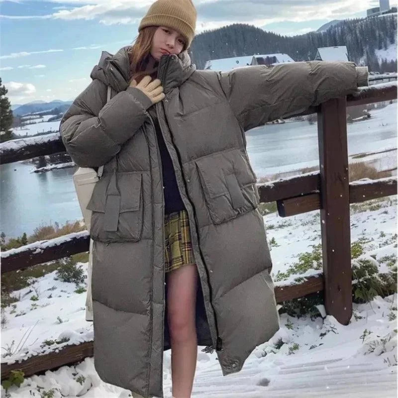 New Korean long puffer jacket, winter parka, cozy and chic, 2024 fashion.