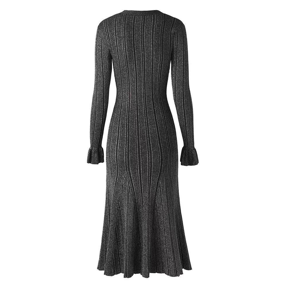 New Autumn Winter Women's V Neck Knitted Long Sleeve Dress