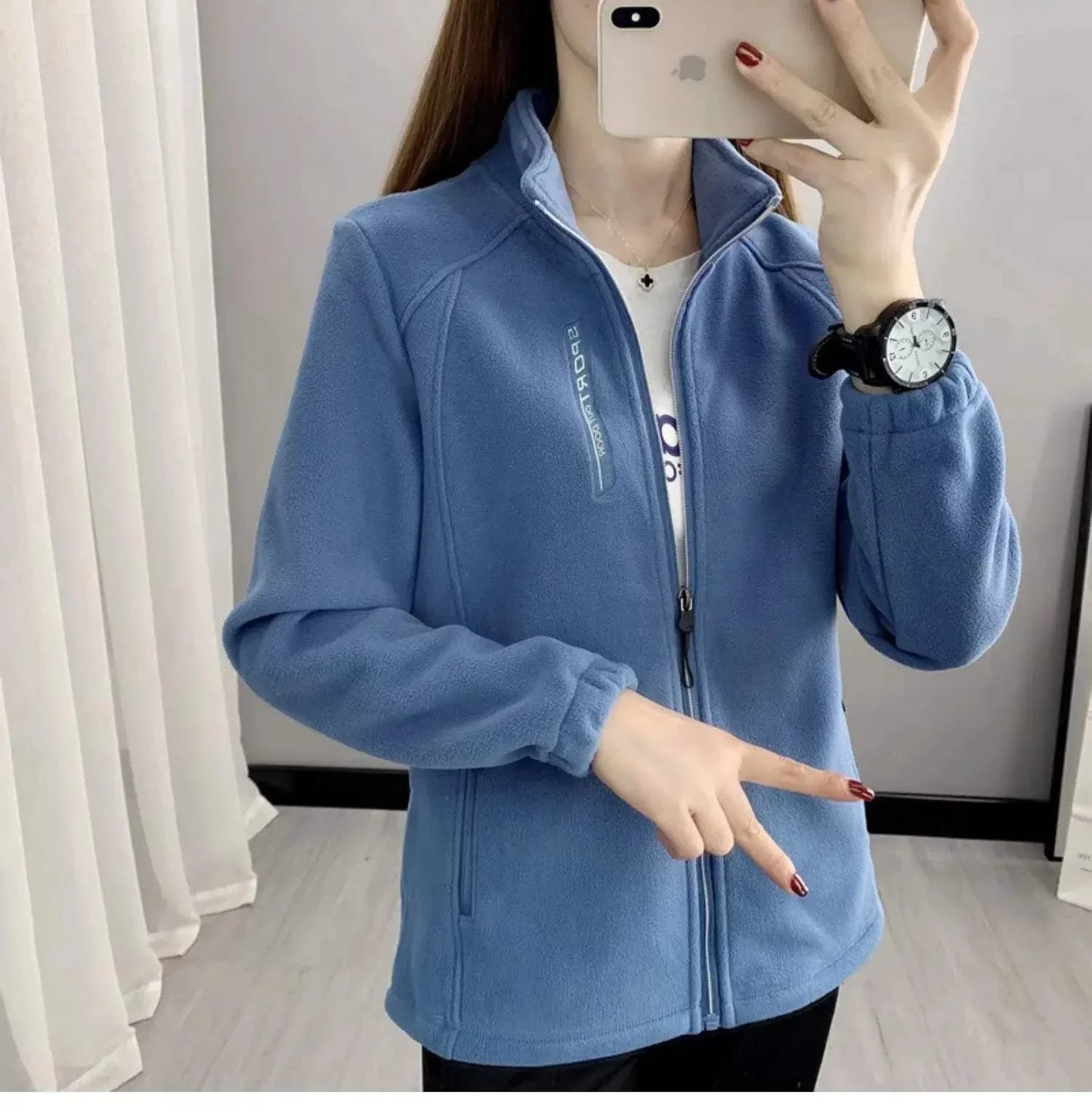 Plus size women's blue fleece coat, warm and stylish, perfect for winter and spring outdoor activities like hiking and jogging.