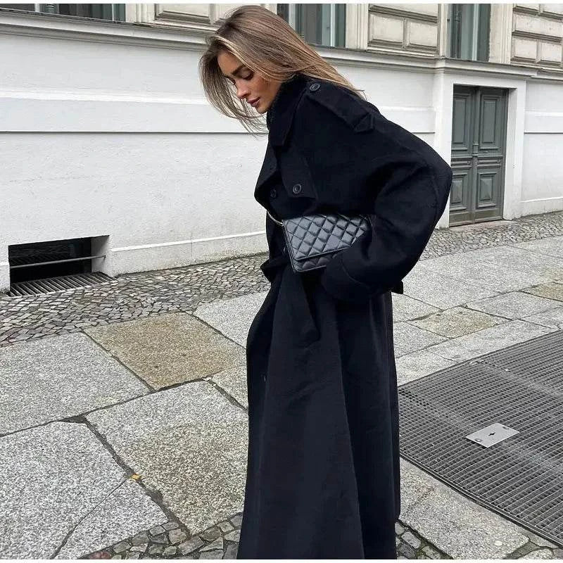 Elegant Black Woolen Long Coat with Belt