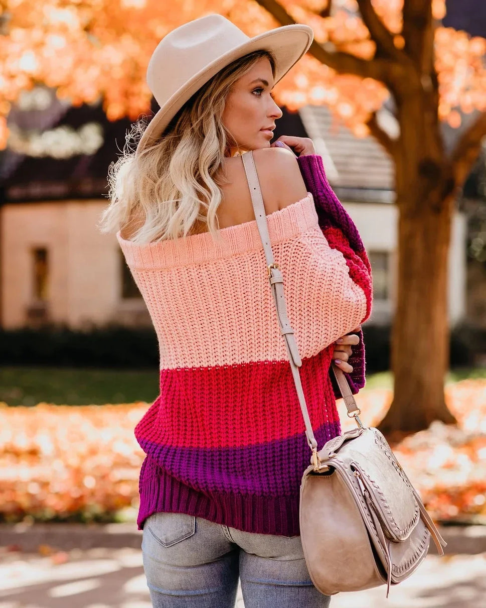 Off Shoulder Color Block Knit Sweater for Women