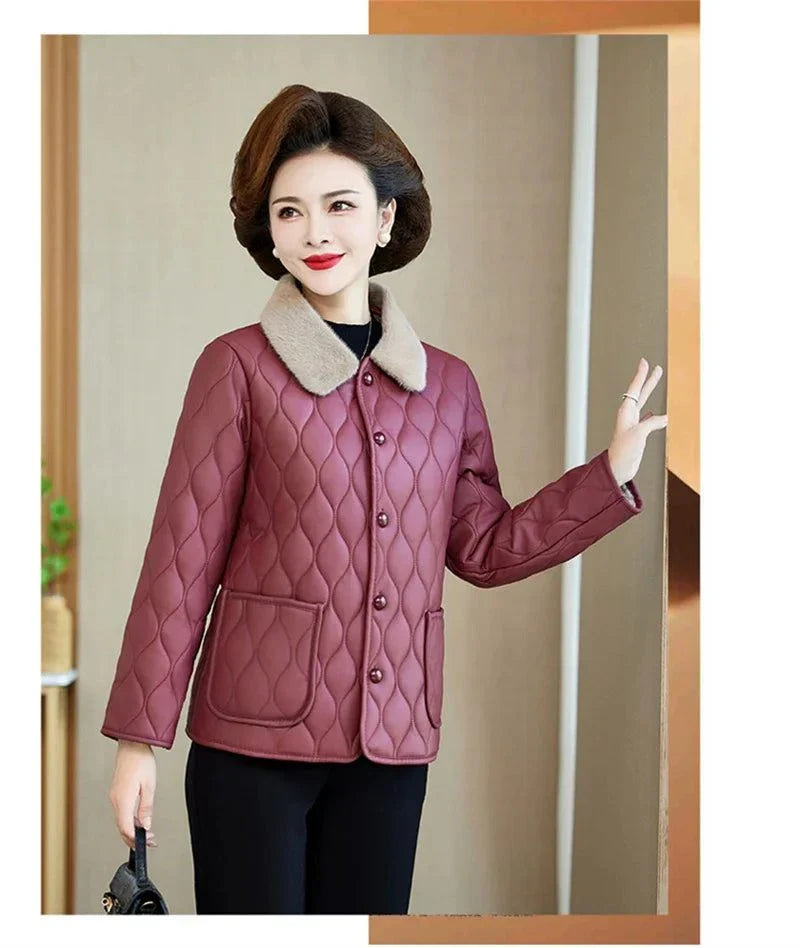 Wine Red Plush Winter Jacket with Fur Collar for Mid-Aged Women