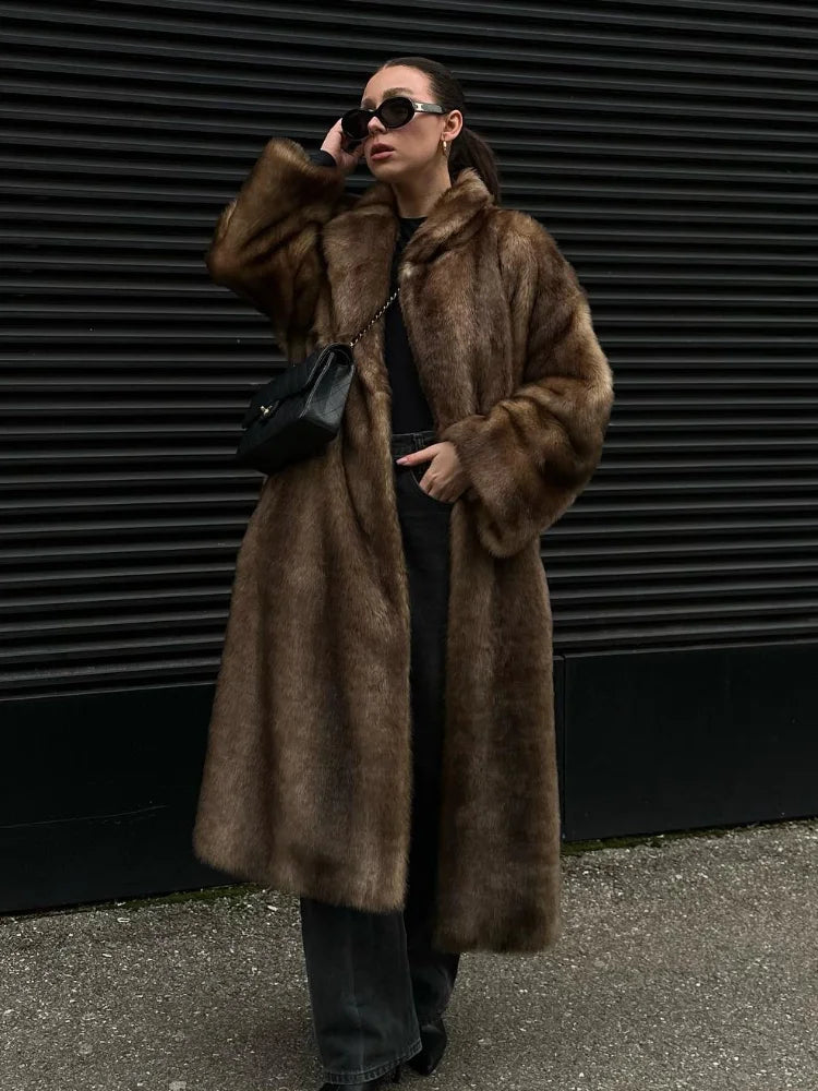 Dark Brown Faux Fur Long Overcoat for Women